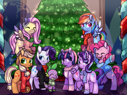 Size: 2013x1508 | Tagged: safe, artist:cloureed, character:applejack, character:fluttershy, character:pinkie pie, character:rainbow dash, character:rarity, character:spike, character:starlight glimmer, character:twilight sparkle, character:twilight sparkle (alicorn), species:alicorn, species:dragon, species:earth pony, species:pegasus, species:pony, species:unicorn, clothing, female, hearts warming day, male, mane eight, mane seven, mane six, mare, redraw, tree, watermark
