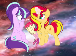 Size: 1024x753 | Tagged: safe, artist:rose-moonlightowo, character:starlight glimmer, character:sunset shimmer, species:pony, ship:shimmerglimmer, bouquet, crying, female, lesbian, magic, shipping, tears of joy