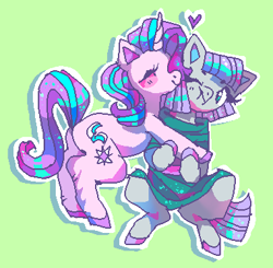Size: 382x374 | Tagged: safe, artist:njeekyo, character:maud pie, character:starlight glimmer, species:earth pony, species:pony, species:unicorn, duo, eyes closed, female, heart, hug, lesbian, shipping, starmaud