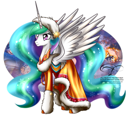 Size: 1300x1186 | Tagged: safe, artist:tiffanymarsou, character:princess celestia, species:alicorn, species:pony, cloak, clothing, dress, female, hat, horn, mare, simple background, solo, transparent background, wings, winter