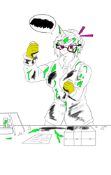 Size: 1555x2450 | Tagged: safe, artist:splint, oc, oc only, oc:doctor blue horizon, species:anthro, annoyed, bunsen burner, clothing, explosion, failed experiment, frown, glare, gloves, goo, goop, lab coat, latex, latex gloves, partial color, pictogram, soot, test tube