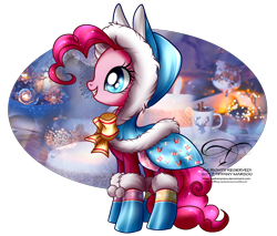 Size: 1300x1106 | Tagged: safe, artist:tiffanymarsou, character:pinkie pie, species:earth pony, species:pony, cinnamon, cinnamon sticks, clothing, female, hood, hooded cape, mare, solo, winter