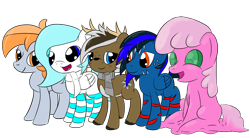 Size: 3180x1754 | Tagged: safe, artist:phat_guy, derpibooru original, oc, oc only, oc:arwin, oc:cloudchaser, oc:darkest hour, oc:frosty fortress, oc:spring heart, species:deer, species:earth pony, species:pegasus, species:pony, 2018 community collab, derpibooru community collaboration, antlers, clothing, female, goo pony, group, male, mare, open mouth, original species, scarf, simple background, sitting, smiling, socks, stallion, standing, striped socks, transparent background