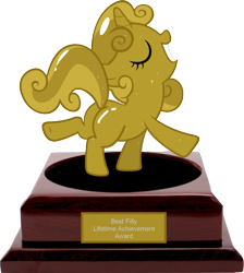 Size: 1199x1337 | Tagged: safe, artist:chaos knux, artist:ocarina0ftimelord, character:sweetie belle, episode:one bad apple, g4, my little pony: friendship is magic, award, best pony, luster dust, plot, statue, sweetie gold
