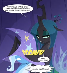 Size: 1615x1782 | Tagged: safe, artist:tarajenkins, character:queen chrysalis, character:trixie, species:changeling, species:pony, species:unicorn, angry, changeling queen, duo, duo female, female, hat over eyes, mare, stage
