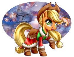 Size: 1300x1014 | Tagged: safe, artist:tiffanymarsou, character:applejack, species:earth pony, species:pony, abstract background, applejack's hat, boots, clothing, cowboy hat, fashion, female, hat, looking at you, mare, shoes, smiling, solo, watermark, winter