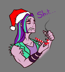 Size: 1386x1544 | Tagged: safe, artist:madness-with-reason, character:aria blaze, candy, candy cane, christmas, clothing, dialogue, female, food, gray background, hat, holiday, implied drugs, santa hat, simple background, solo, vulgar