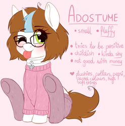 Size: 2409x2425 | Tagged: safe, artist:adostume, oc, oc only, oc:adostume, species:pony, species:unicorn, clothing, collar, female, fluffy, glasses, mare, messy hair, reference sheet, sitting, small, solo, stockings, sweater, thigh highs, tongue out