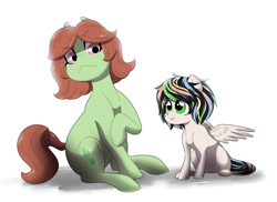 Size: 3102x2261 | Tagged: safe, artist:marukouhai, oc, oc only, oc:daisy, oc:stormie, parent:thunderlane, parent:tree hugger, parent:zephyr breeze, parents:zephyrhugger, species:earth pony, species:pegasus, species:pony, adopted offspring, female, filly, high res, offspring, sitting