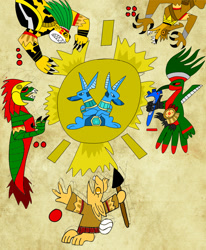 Size: 1024x1243 | Tagged: safe, artist:toon-n-crossover, codex, codices, digital art, huehuecoyotl, huitzilopotchli, metztli, quetzalcoatl, sapphire statue, sun, tezcatlipoca