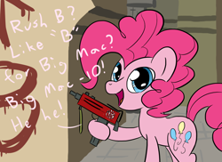 Size: 1760x1280 | Tagged: safe, artist:phat_guy, derpibooru original, character:big mcintosh, character:pinkie pie, species:earth pony, species:pony, big, counter-strike, counter-strike: global offensive, dialogue, dust2, english, female, gun, hoof hold, laughing, looking at you, mac-10, mare, open mouth, pun, raised leg, rush b, solo, talking, weapon