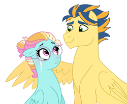 Size: 1024x838 | Tagged: safe, artist:cascayd, oc, oc only, oc:crosswind, oc:swiftwing, parent:rainbow dash, parent:soarin', parent:spitfire, parent:zephyr breeze, parents:soarinfire, parents:zephdash, species:pegasus, species:pony, crying, glasses, looking at each other, offspring