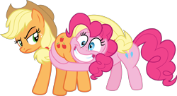 Size: 9948x5403 | Tagged: safe, artist:nupiethehero, edit, edited screencap, screencap, character:applejack, character:pinkie pie, species:earth pony, species:pony, episode:shadow play, g4, my little pony: friendship is magic, absurd resolution, applebutt, applejack is not amused, butt touch, butthug, cutie mark, duo, faceful of ass, full body, hug, personal space invasion, pinkie hugging applejack's butt, simple background, the ass was fat, transparent background, unamused, vector