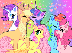 Size: 546x406 | Tagged: safe, artist:njeekyo, character:applejack, character:fluttershy, character:pinkie pie, character:rainbow dash, character:rarity, character:twilight sparkle, species:earth pony, species:pegasus, species:pony, species:unicorn, ship:appleshy, ship:flutterdash, ship:omniship, ship:pinkiedash, ship:rarijack, ship:twijack, ship:twishy, cute, diabetes, female, heart, lesbian, mane six, mare, polyamory, rainbow background, shipping