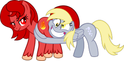 Size: 10073x4944 | Tagged: safe, artist:nupiethehero, character:derpy hooves, oc, oc:spicy demon, species:pegasus, species:pony, episode:shadow play, g4, my little pony: friendship is magic, absurd resolution, butt touch, butthug, faceful of ass, female, hug, lesbian, pinkie hugging applejack's butt, simple background, transparent background