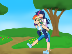 Size: 600x450 | Tagged: safe, artist:fallenangel5414, character:rainbow dash, character:twilight sparkle, species:human, ship:twidash, clothing, eyes closed, female, humanized, lesbian, multicolored hair, piggyback ride, shipping, smiling, tree