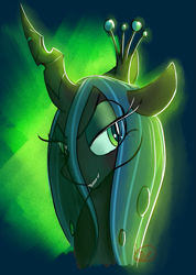 Size: 571x800 | Tagged: safe, artist:ryuredwings, character:queen chrysalis, species:changeling, abstract background, beautiful, bust, changeling queen, female, glow, grin, lidded eyes, looking at you, portrait, smiling, smirk, solo