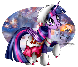Size: 1300x1116 | Tagged: safe, artist:tiffanymarsou, character:twilight sparkle, character:twilight sparkle (alicorn), species:alicorn, species:pony, abstract background, blue mane, blue tail, boots, cinnamon, cinnamon sticks, clothing, cutie mark, eyelashes, female, fur, happy, horn, long mane, long tail, mare, mug, multicolored hair, open mouth, pink mane, pink tail, purple mane, purple tail, raised hoof, shoes, smiling, solo, standing, tail, wings, winter