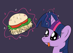 Size: 1760x1280 | Tagged: safe, artist:phat_guy, derpibooru original, character:twilight sparkle, species:alicorn, species:pony, blep, burger, bust, female, food, glowing horn, hay burger, levitation, looking at something, magic, mare, portrait, purple background, silly, simple background, smiling, solo, telekinesis, that pony sure does love burgers, tongue out, twilight burgkle