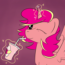 Size: 1280x1280 | Tagged: safe, artist:phat_guy, derpibooru original, oc, oc only, unnamed oc, species:alicorn, species:pony, alicorn oc, beverage, bust, cup, drink, drinking, drinking straw, drop, female, food, glowing horn, juice, lemonade, levitation, looking at you, magic, mare, one eye closed, simple background, smiling, solo, spread wings, straw, strawberry, telekinesis, wings, wink