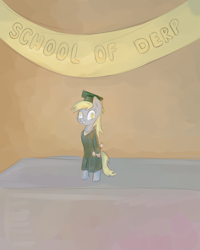Size: 1024x1280 | Tagged: safe, artist:kyaokay, character:derpy hooves, species:pegasus, species:pony, alone, banner, bipedal, female, graduation, happy, solo, standing