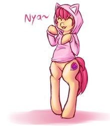 Size: 1050x1200 | Tagged: safe, artist:breeoche, character:apple bloom, species:earth pony, species:pony, cat hoodie, colored sketch, female, nya, semi-anthro, simple background, solo, standing, white background