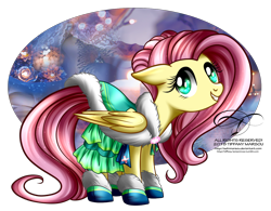 Size: 1300x1016 | Tagged: safe, artist:tiffanymarsou, character:fluttershy, species:pegasus, species:pony, abstract background, clothing, cute, female, floppy ears, mare, shyabetes, smiling, solo, wings