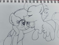 Size: 1200x928 | Tagged: safe, artist:littleblackraencloud, character:rainbow dash, character:soarin', species:pony, ship:soarindash, female, forehead kiss, heart eyes, male, meta, monochrome, shipping, sketch, straight, traditional art, twitter, wingding eyes