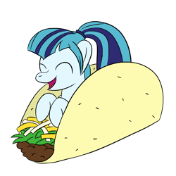 Size: 1280x1280 | Tagged: safe, artist:phat_guy, derpibooru original, character:sonata dusk, species:earth pony, species:pony, beef, equestria girls ponified, eyes closed, female, food, mare, meat, open mouth, ponies in food, ponified, simple background, smiling, solo, sonataco, taco, that pony sure does love tacos, tofu (food), transparent background