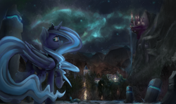 Size: 3000x1772 | Tagged: safe, artist:blvckmagic, character:princess luna, species:alicorn, species:pony, aurora borealis, canterlot, cute, featured on derpibooru, female, forest, leg fluff, looking at you, looking back, lunabetes, mare, mountain, night, profile, raised hoof, runes, scenery, scenery porn, sky, smiling, solo, stars, town, underhoof, wallpaper, waterfall