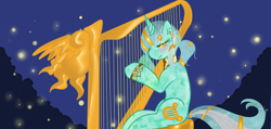 Size: 2000x950 | Tagged: safe, artist:azure-doodle, character:lyra heartstrings, species:pony, species:unicorn, blushing, crystallized, female, harp, mare, musical instrument, sitting, smiling, solo