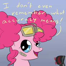 Size: 1280x1280 | Tagged: safe, artist:phat_guy, derpibooru original, character:pinkie pie, species:earth pony, species:pony, :c, accessories, borderlands, borderlands 2, bust, clothing, dialogue, english, female, frown, gaige, goggles, gradient background, looking up, mare, mechromancer, open mouth, patch, pinkie puffs, plaster, portrait, ribbon, solo, talking, zer0