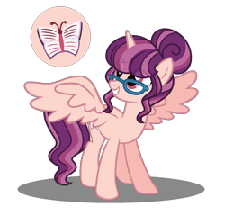 Size: 1519x1450 | Tagged: safe, artist:strawberry-spritz, base used, oc, oc only, oc:butterfly effect, parent:night light, parent:posey shy, parents:poseynight, species:alicorn, species:pony, alicorn oc, alternate universe, cutie mark, female, glasses, hair bun, mare, offspring, parent swap au, simple background, solo, spread wings, transparent background, transparent mane, wings