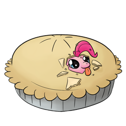 Size: 1280x1280 | Tagged: safe, artist:phat_guy, derpibooru original, character:pinkie pie, species:earth pony, species:pony, blep, crumbs, cute, diapinkes, female, food, literal, mare, pie, pinkie being pinkie, plate, ponies in food, pun, silly, simple background, smiling, solo, tongue out, transparent background, visual gag
