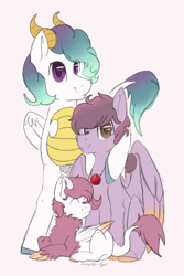Size: 600x900 | Tagged: safe, artist:laps-sp, oc, oc only, oc:red, oc:scale dancer, parent:princess celestia, parent:spike, parents:oc x oc, parents:spikelestia, species:dracony, species:dragon, species:pegasus, species:pony, hybrid, offspring, offspring's offspring, prone, sitting, traditional art
