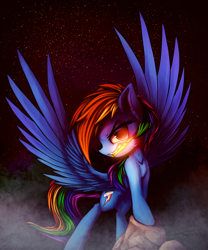 Size: 3680x4431 | Tagged: safe, artist:ferasor, character:rainbow dash, species:pegasus, species:pony, absurd resolution, bullet, female, glowing eyes, looking at you, mare, mouth hold, multicolored hair, rogue, signature, solo