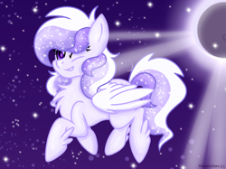 Size: 2732x2048 | Tagged: safe, artist:prismaticstars, oc, oc only, oc:starstorm slumber, species:pegasus, species:pony, female, high res, mare, moon, night, one eye closed, solo, wink