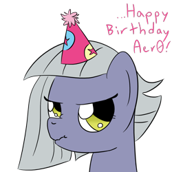 Size: 1280x1280 | Tagged: safe, artist:phat_guy, derpibooru original, character:limestone pie, species:earth pony, species:pony, annoyed, birthday, bust, clothing, congratulations, dialogue, english, female, frown, happy birthday, hat, mare, nose wrinkle, party hat, portrait, scrunchy face, simple background, solo, transparent background, unamused