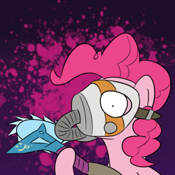 Size: 1280x1280 | Tagged: safe, artist:phat_guy, derpibooru original, character:pinkie pie, species:earth pony, species:pony, angry, borderlands, borderlands 2, bust, buzz axe, buzzsaw, circular saw, crazy face, crossover, faec, female, gas mask, hoof hold, insanity, krieg, looking at you, maniac, mare, mask, melee, melee weapon, portrait, raised leg, sawblade, smiley, solo, weapon, wide eyes, xp