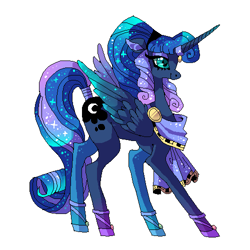 Size: 500x500 | Tagged: safe, artist:njeekyo, idw, character:princess luna, species:alicorn, species:pony, artemis luna, cool, ethereal mane, female, galaxy mane, horn ring, mare, simple background, solo, tail wrap, white background