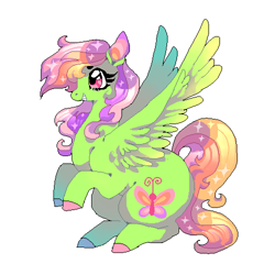 Size: 500x500 | Tagged: safe, artist:njeekyo, character:fluttershy, character:rainbow dash, species:pegasus, species:pony, butterfly, female, fusion, rearing, simple background, solo, unshorn fetlocks, white background