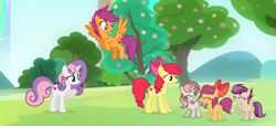 Size: 3367x1531 | Tagged: safe, artist:galaxyswirlsyt, character:apple bloom, character:scootaloo, character:sweetie belle, oc, oc:easy dance, oc:explosion loo, oc:gentle mash, parent:apple bloom, parent:button mash, parent:rumble, parent:scootaloo, parent:sweetie belle, parent:tender taps, parents:rumbloo, parents:sweetiemash, parents:tenderbloom, species:earth pony, species:pegasus, species:pony, species:unicorn, cutie mark crusaders, female, filly, flying, offspring, older, rainbow, scootaloo can fly, tree