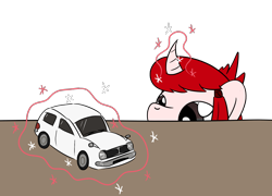 Size: 1780x1280 | Tagged: safe, artist:phat_guy, derpibooru original, oc, oc only, oc:honda mare, species:pony, species:unicorn, car, curved horn, female, glowing horn, honda, honda civic, looking at something, magic, mare, peeking, playing, ponified, ribbon, simple background, solo, telekinesis, toy car, transparent background