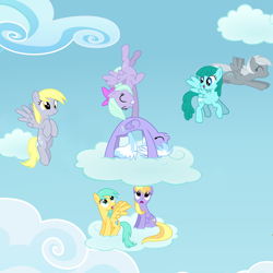 Size: 8500x8500 | Tagged: safe, artist:mundschenk85, character:cloud kicker, character:cloudchaser, character:derpy hooves, character:flitter, character:silverspeed, character:spring melody, character:sprinkle medley, character:sunshower raindrops, species:pegasus, species:pony, absurd resolution, backbend, cloud, eyes closed, female, flexible, flying, mare, sky, smiling, spread wings, wings