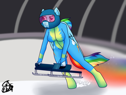 Size: 1024x768 | Tagged: safe, artist:spokenmind93, character:rainbow dash, species:anthro, species:unguligrade anthro, clothing, cutie mark, equestrian flag, gloves, helmet, signature, skeleton, sleigh, sports, tail, uniform, winter olympics