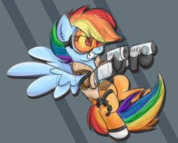 Size: 1024x827 | Tagged: safe, artist:littleblackraencloud, character:rainbow dash, female, goggles, gun, overwatch, rainbow tracer, solo, tracer, weapon