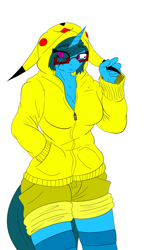 Size: 1555x2450 | Tagged: safe, artist:splint, oc, oc:doctor blue horizon, species:anthro, breasts, cleavage, clothing, crossover, cute, female, glasses, hand in pocket, hoodie, pikachu, pokémon, shorts, smiling, solo, stockings, tail, thigh highs