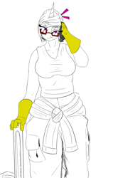 Size: 1555x2450 | Tagged: safe, artist:splint, oc, oc:doctor blue horizon, species:anthro, annoyed, cargo pants, clothing, frown, glasses, gloves, pants, rag, raised eyebrow, tank top, wrench