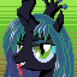 Size: 512x512 | Tagged: safe, artist:phat_guy, derpibooru original, character:queen chrysalis, species:changeling, aseprite, bug pony, bust, changeling queen, eyes half closed, female, forked tongue, grin, looking at you, pixel art, portrait, queen, smiling, smirk, solo, tongue out