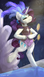 Size: 400x683 | Tagged: safe, artist:laps-sp, character:rarity, species:pony, bipedal, carnival, clothing, female, headdress, leotard, rio carnival, solo